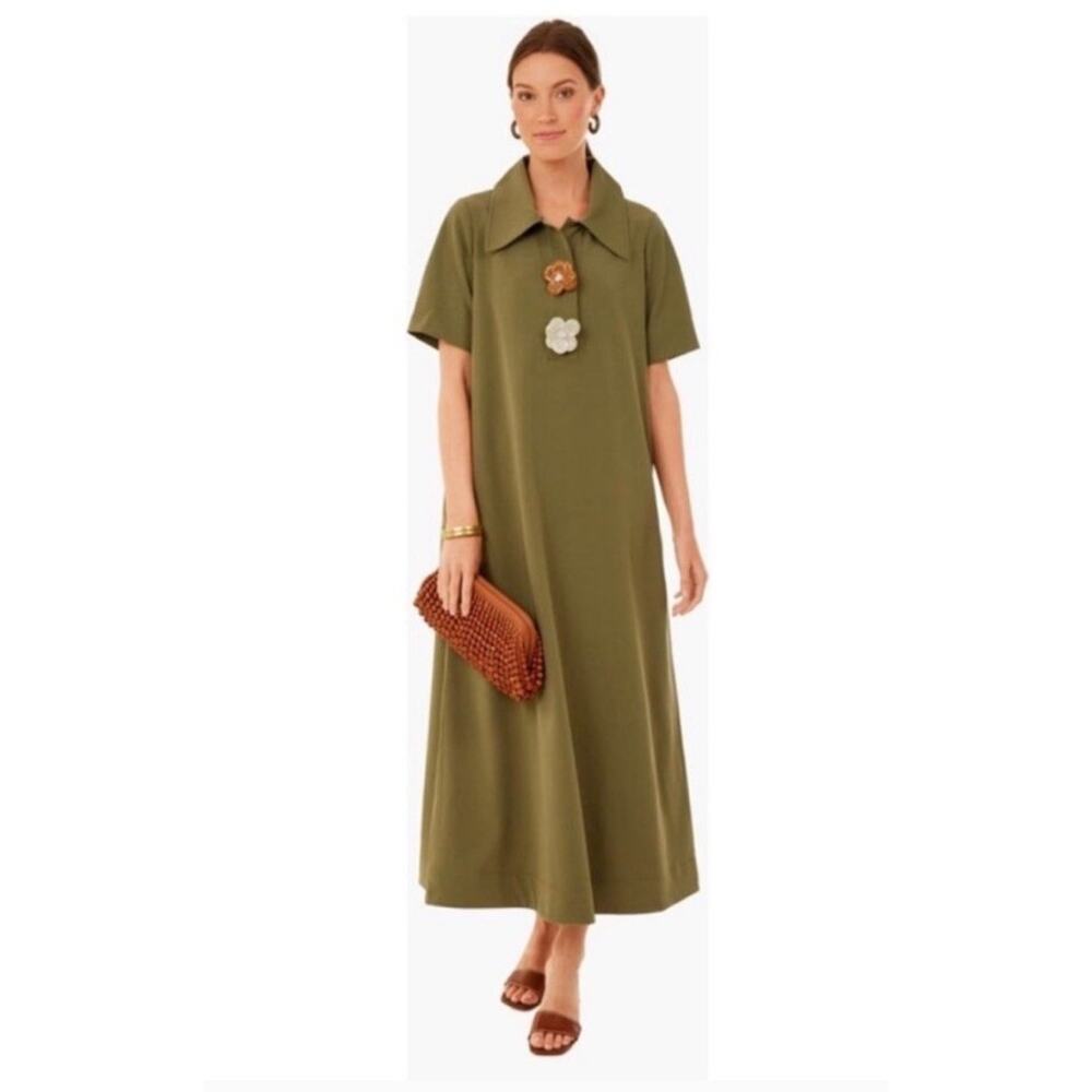 Tuckernuck Scout Dress Olive Green Leather Flower Short Sleeve A-Line Maxi Sz M